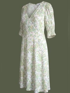 Floral Wrap Midi Dress in White and Green